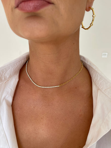 Gold-filled Half chain link half tennis choker. Half chain link half tennis necklace. Tennis sale X Chain necklace. Chain X Tennis necklace.